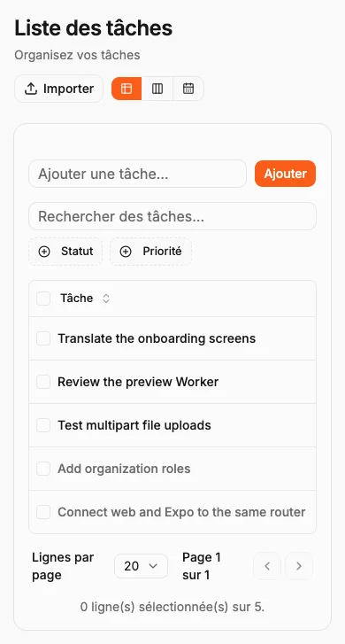 L’application de tâches avec cinq exemples, leurs priorités et leurs états.